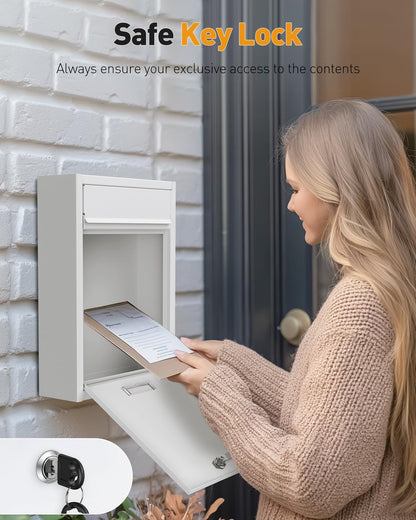 Uniclife Wall-Mount Locking Mailbox – Large Steel Security Mailbox for Home & Office (White)