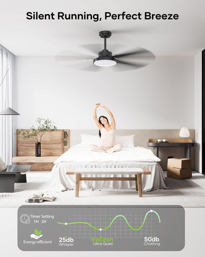 Vaczon 52-Inch Black Ceiling Fan with Light, Remote & App | 3CCT LED, 6-Speed Quiet DC Motor