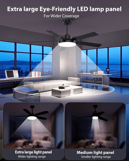 Vaczon 52-Inch Black Ceiling Fan with Light, Remote & App | 3CCT LED, 6-Speed Quiet DC Motor