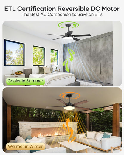 Vaczon 52-Inch Black Ceiling Fan with Light, Remote & App | 3CCT LED, 6-Speed Quiet DC Motor