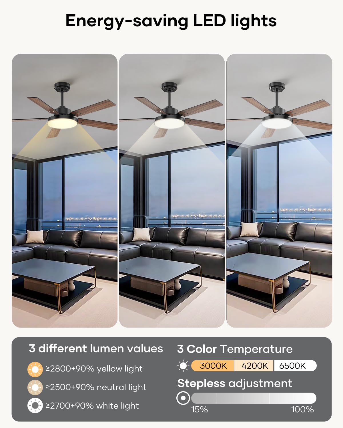 Vaczon 52-Inch Black Ceiling Fan with Light, Remote & App | 3CCT LED, 6-Speed Quiet DC Motor