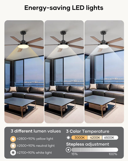 Vaczon 52-Inch Black Ceiling Fan with Light, Remote & App | 3CCT LED, 6-Speed Quiet DC Motor