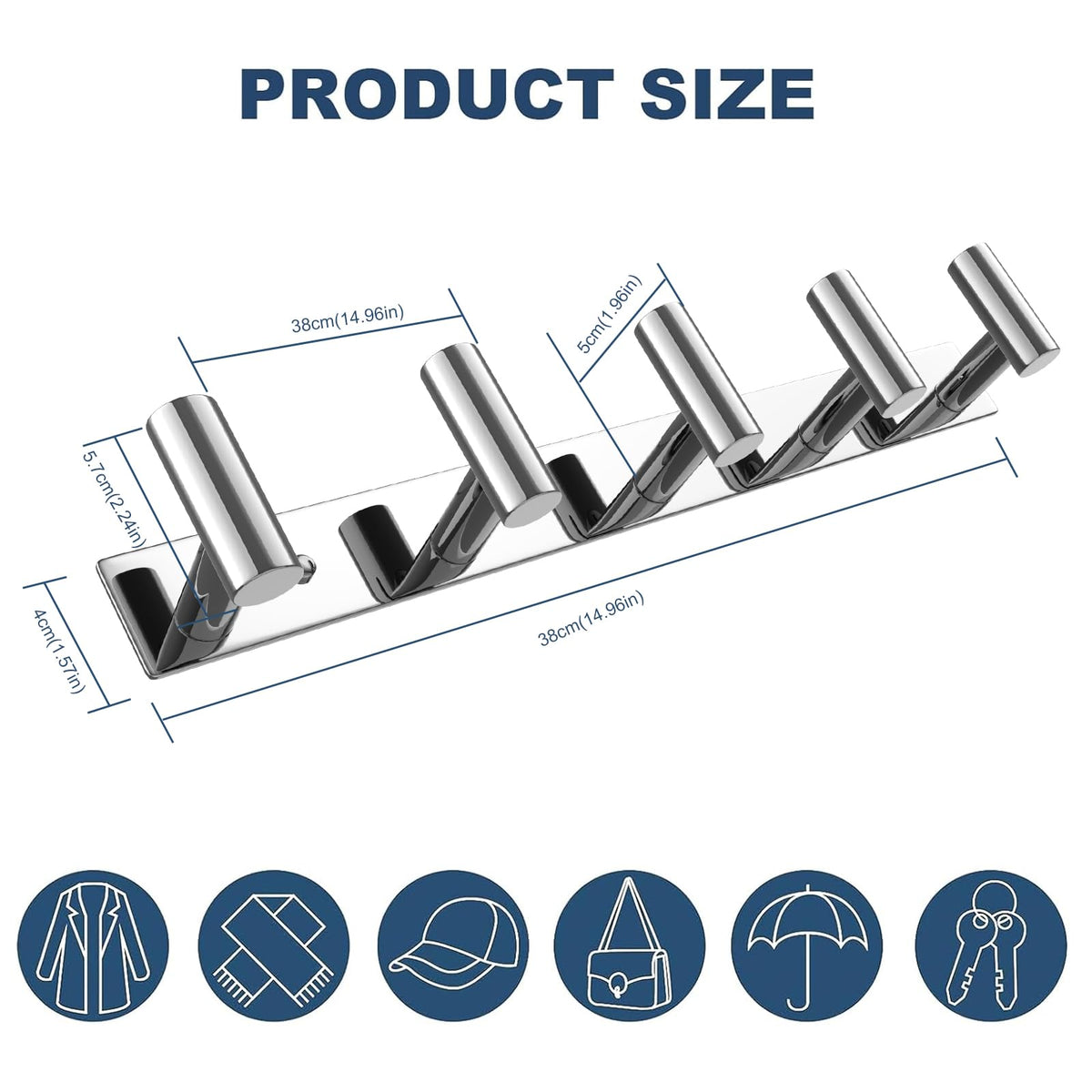 VAEHOLD Hat & Coat Wall Mount Rack — 5 Hooks, Polished Chrome