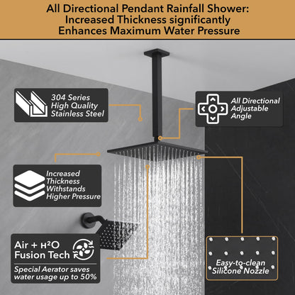 VANFOXLE Matte Black Shower Faucet Set – 10" Rainfall + 6" Side Head, 2-in-1 Handheld, Push Button Diverter