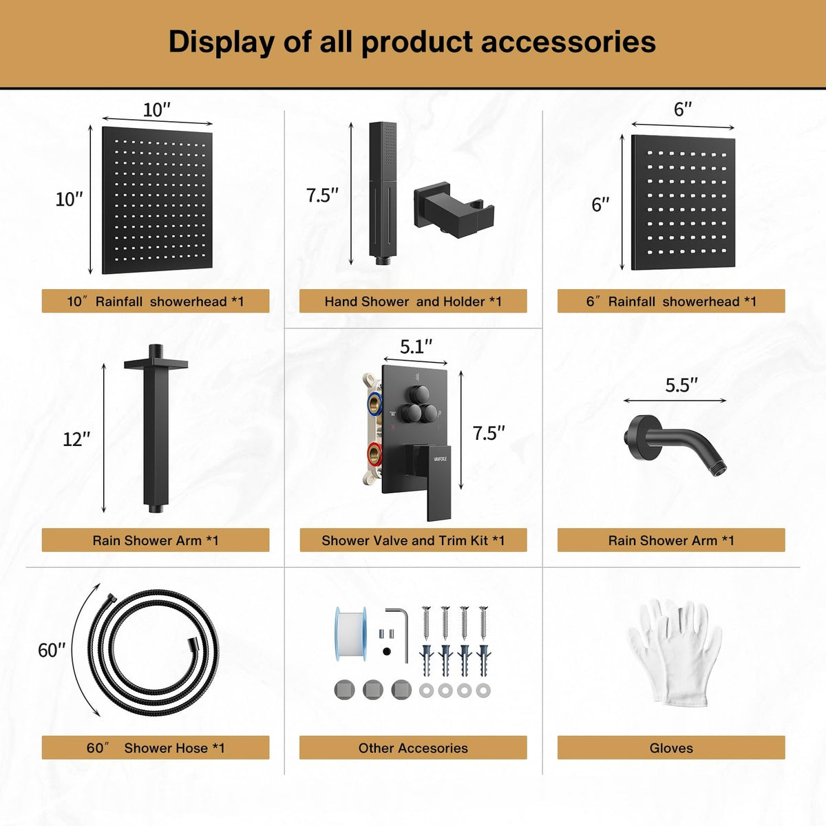 VANFOXLE Matte Black Shower Faucet Set – 10" Rainfall + 6" Side Head, 2-in-1 Handheld, Push Button Diverter