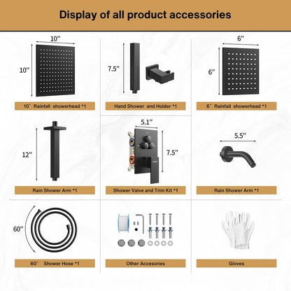 VANFOXLE Matte Black Shower Faucet Set – 10" Rainfall + 6" Side Head, 2-in-1 Handheld, Push Button Diverter