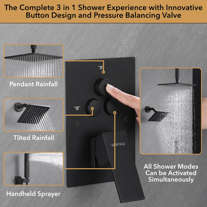 VANFOXLE Matte Black Shower Faucet Set – 10" Rainfall + 6" Side Head, 2-in-1 Handheld, Push Button Diverter
