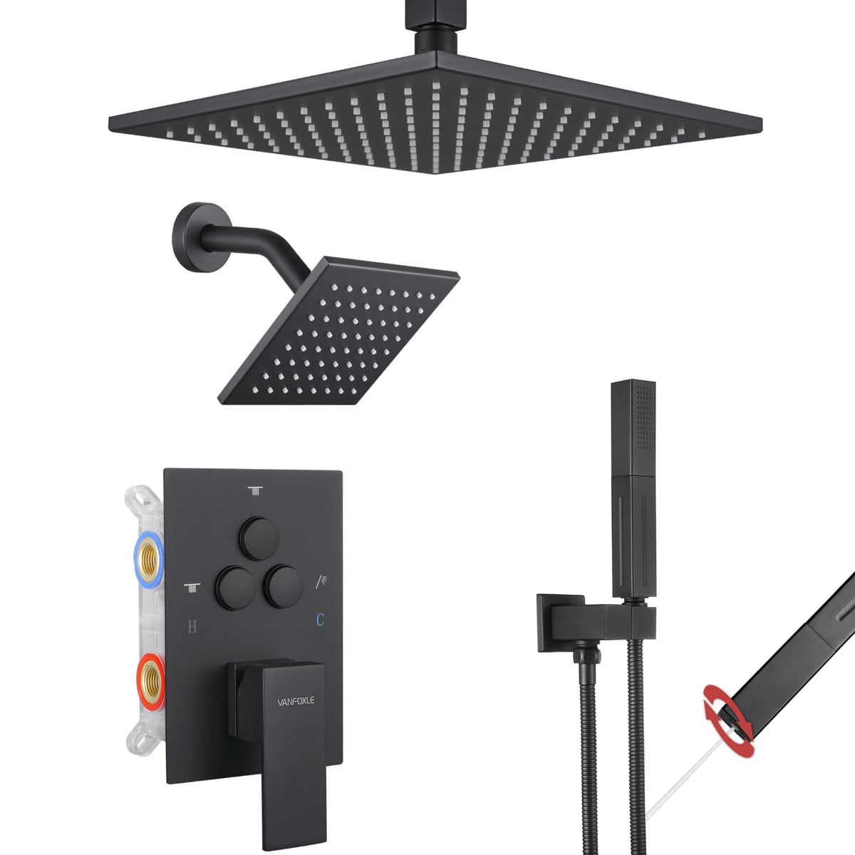 VANFOXLE Matte Black Shower Faucet Set – 10" Rainfall + 6" Side Head, 2-in-1 Handheld, Push Button Diverter