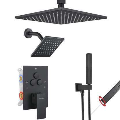 VANFOXLE Matte Black Shower Faucet Set – 10" Rainfall + 6" Side Head, 2-in-1 Handheld, Push Button Diverter