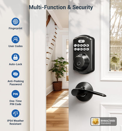 Veise Fingerprint Door Lock with 2 Lever Handles – Keyless Entry, Auto-Lock