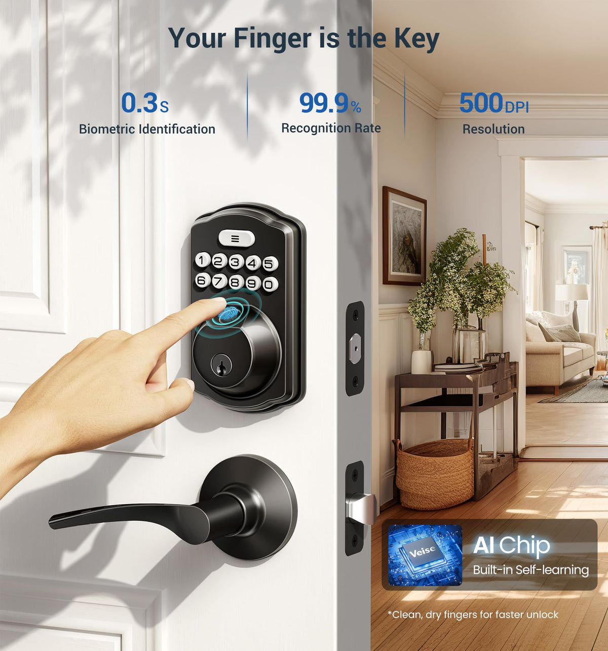 Veise Fingerprint Door Lock with 2 Lever Handles – Keyless Entry, Auto-Lock