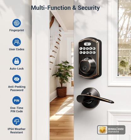 Veise Fingerprint Door Lock with 2 Lever Handles – Keyless Entry, Auto-Lock & Easy Installation