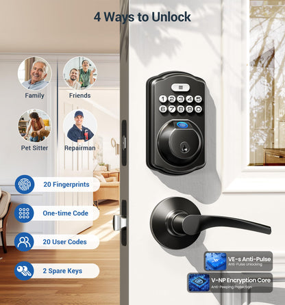 Veise Fingerprint Door Lock with 2 Lever Handles – Keyless Entry, Auto-Lock