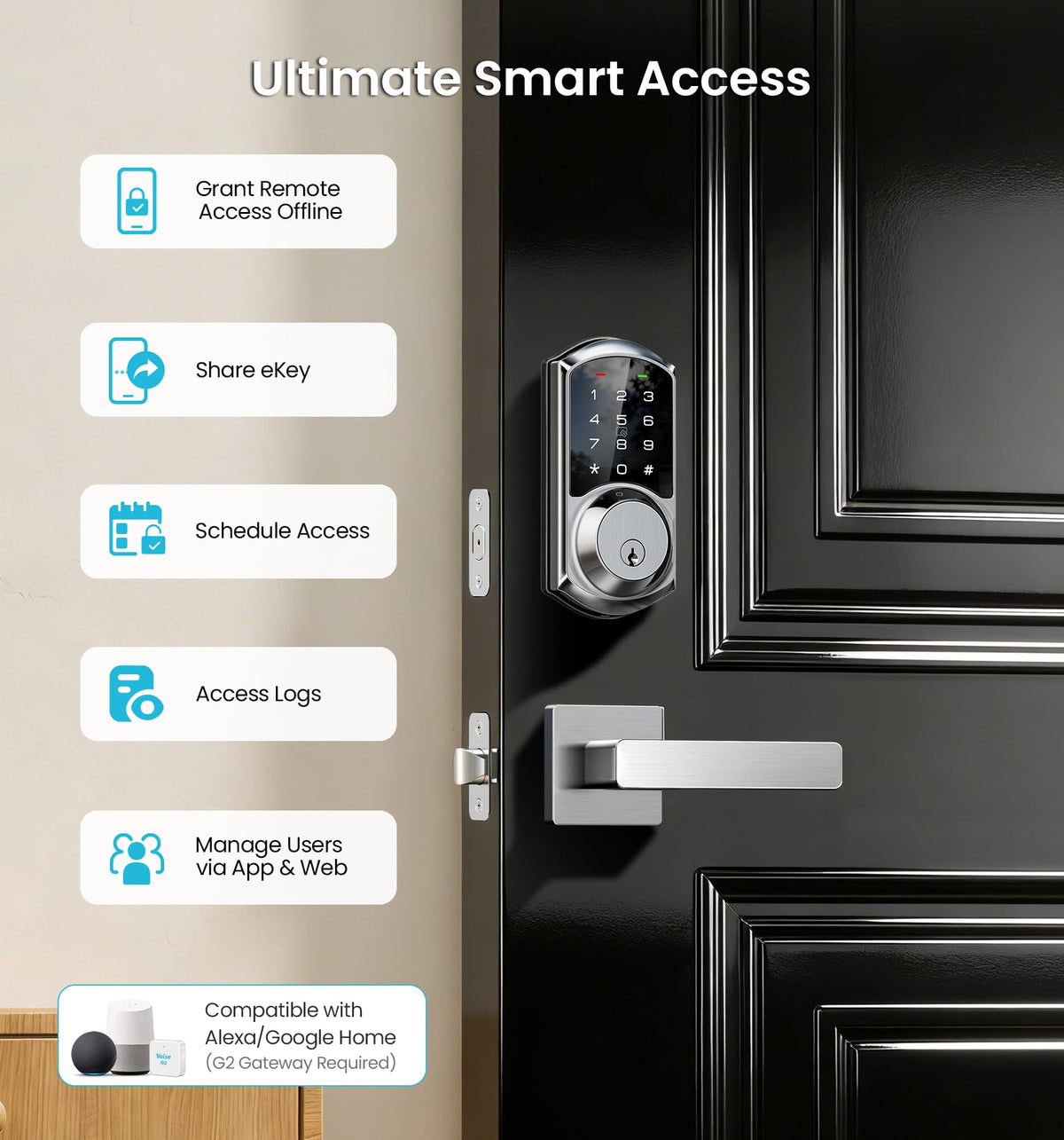 Veise VE06-L Smart Locks with 2 Lever Handle Set – App Control, Keyless Entry, Satin Nickel