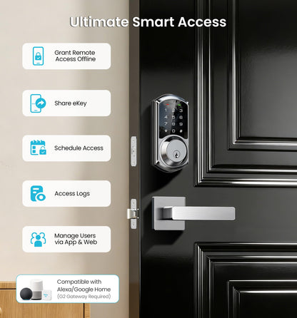 Veise VE06-L Smart Locks with 2 Lever Handle Set – App Control, Keyless Entry, Satin Nickel