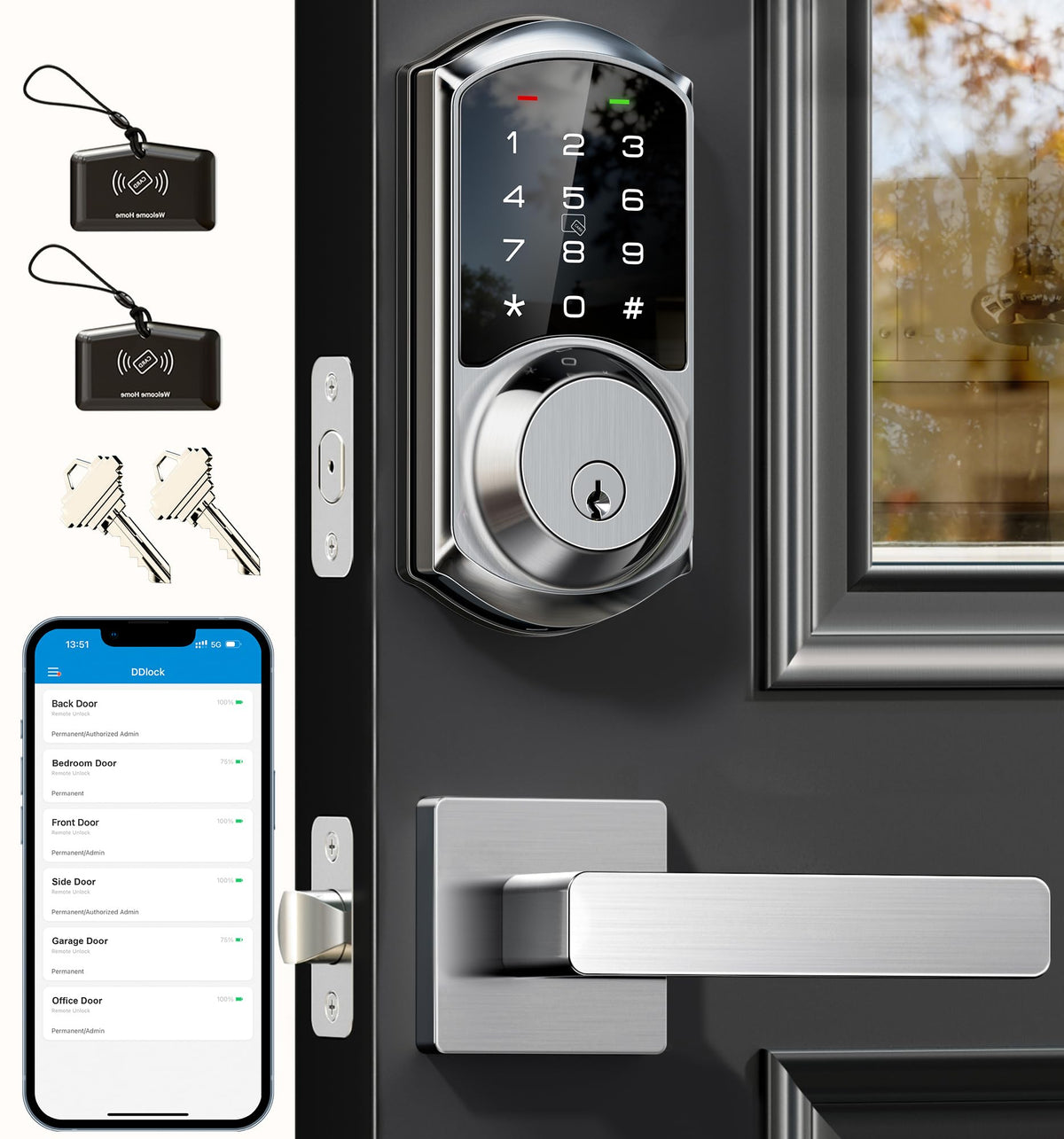 Veise VE06-L Smart Locks with 2 Lever Handle Set – App Control, Keyless Entry, Satin Nickel
