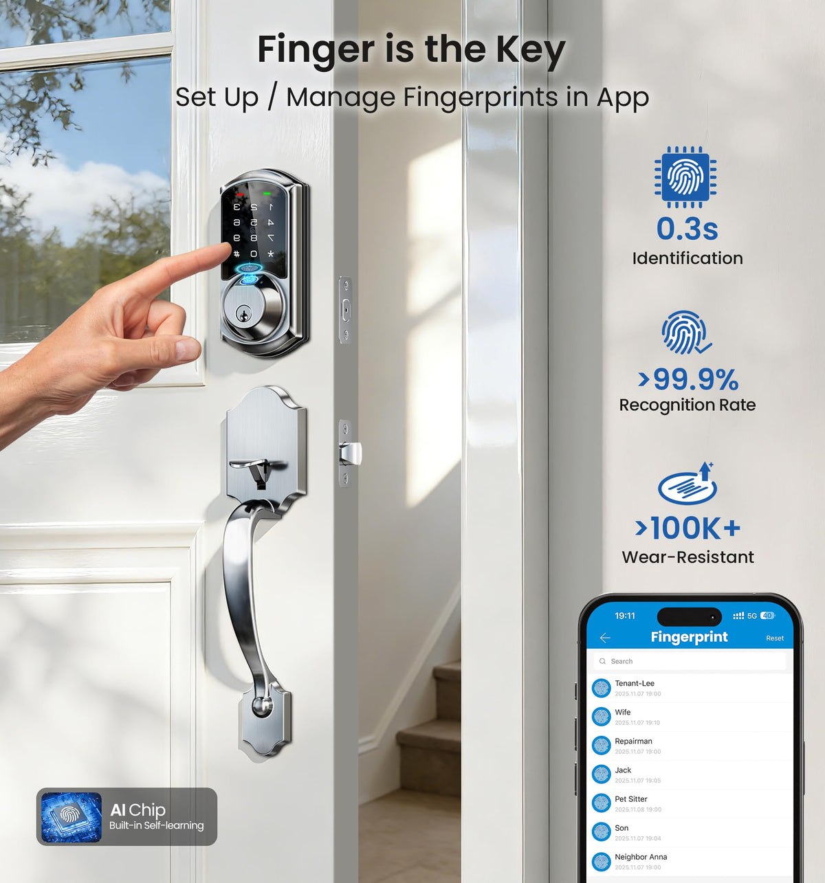 Veise VE07-H Fingerprint Smart Lock with Handle Set – App Control, Keyless Entry, Auto Lock, Satin Nickel