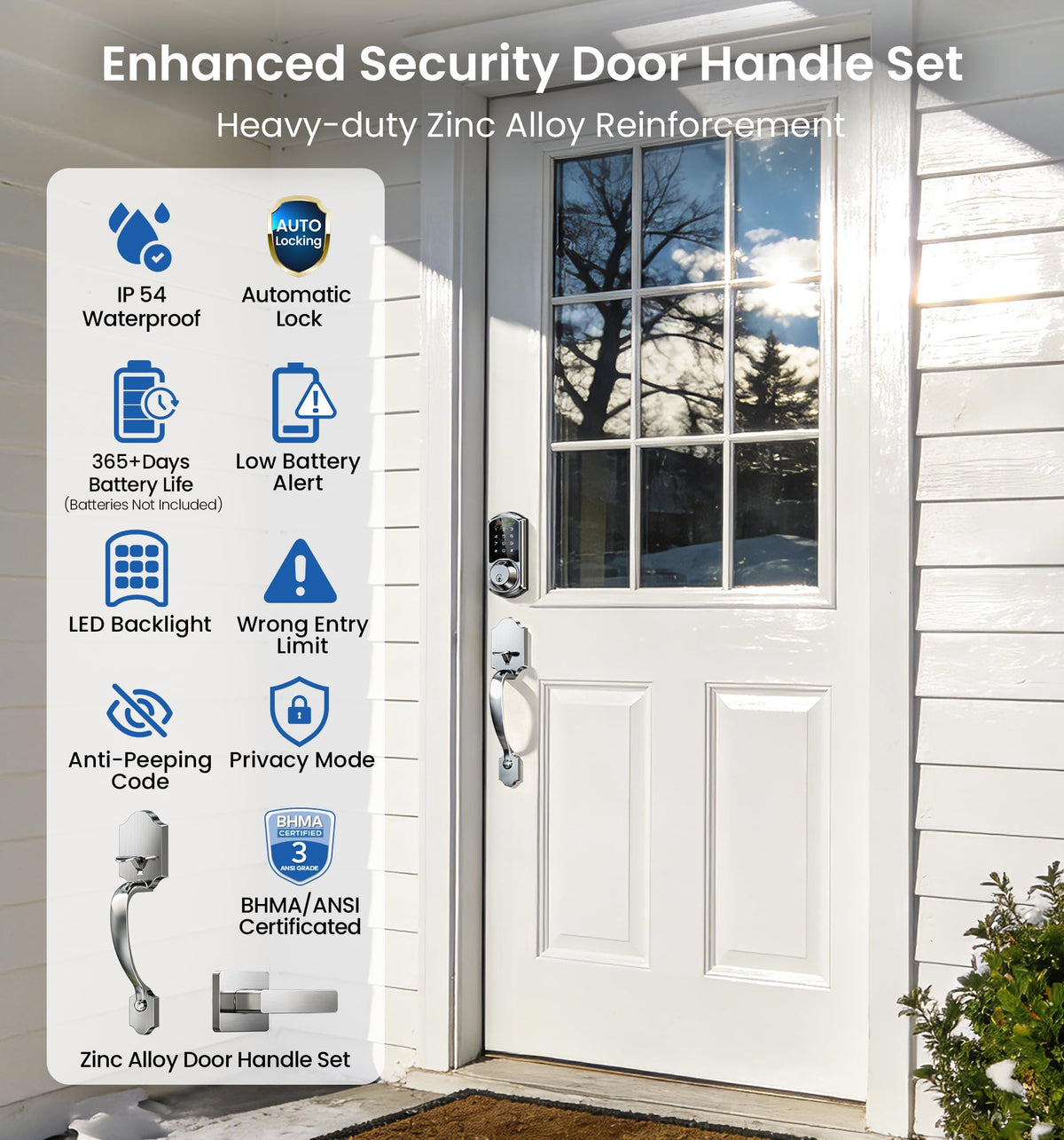 Veise VE07-H Fingerprint Smart Lock with Handle Set – App Control, Keyless Entry, Auto Lock, Satin Nickel