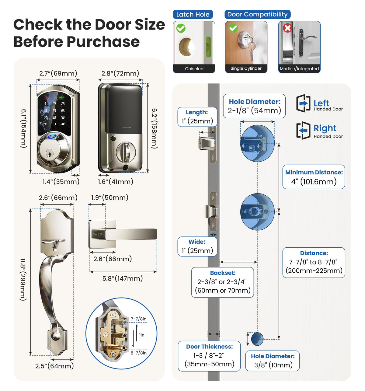 Veise VE07-H Fingerprint Smart Lock with Handle Set – App Control, Keyless Entry, Auto Lock, Satin Nickel