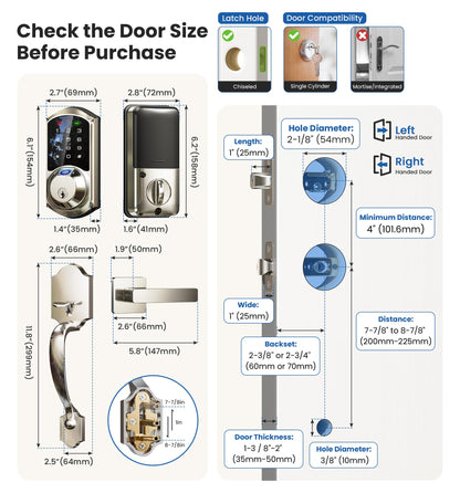 Veise VE07-H Fingerprint Smart Lock with Handle Set – App Control, Keyless Entry, Auto Lock, Satin Nickel