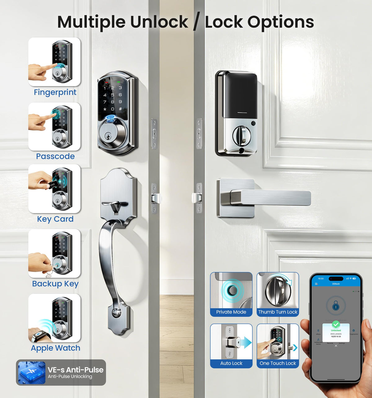 Veise VE07-H Fingerprint Smart Lock with Handle Set – App Control, Keyless Entry, Auto Lock, Satin Nickel