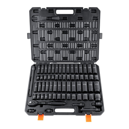 VEVOR 1/2 Drive Impact Socket Set | 65-Piece SAE & Metric, Cr-V Steel, Rugged Case