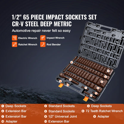 VEVOR 1/2 Drive Impact Socket Set | 65-Piece SAE & Metric, Cr-V Steel, Rugged Case