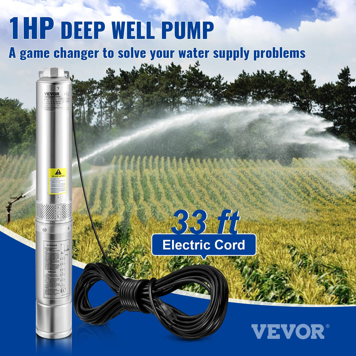 VEVOR Deep Well Submersible Pump, 1HP 115V, 37 GPM, 207 ft Head, 4" SS, IP68