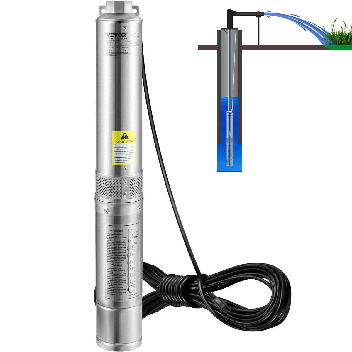 VEVOR Deep Well Submersible Pump, 1HP 115V, 37 GPM, 207 ft Head, 4" SS, IP68