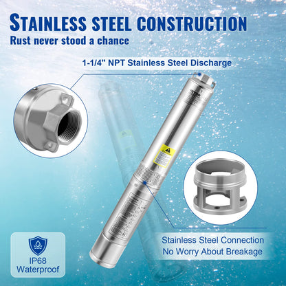 VEVOR Deep Well Submersible Pump, 1HP 115V, 37 GPM, 207 ft Head, 4" SS, IP68