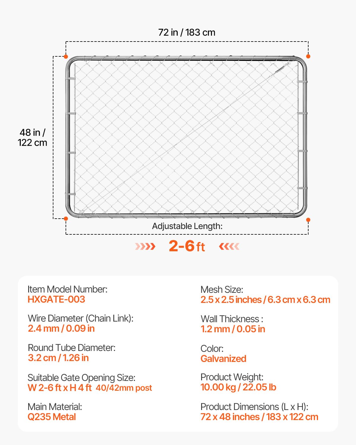 VEVOR Chain Link Gate 72 x 48 in – Adjustable, Rust-Resistant Galvanized Fence Gate (Posts Not Included)