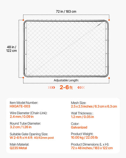 VEVOR Chain Link Gate 72 x 48 in – Adjustable, Rust-Resistant Galvanized Fence Gate (Posts Not Included)