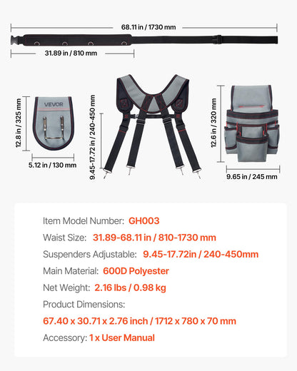 VEVOR 22-Pocket Tool Belt with Suspenders – Heavy-Duty Adjustable Utility Belt