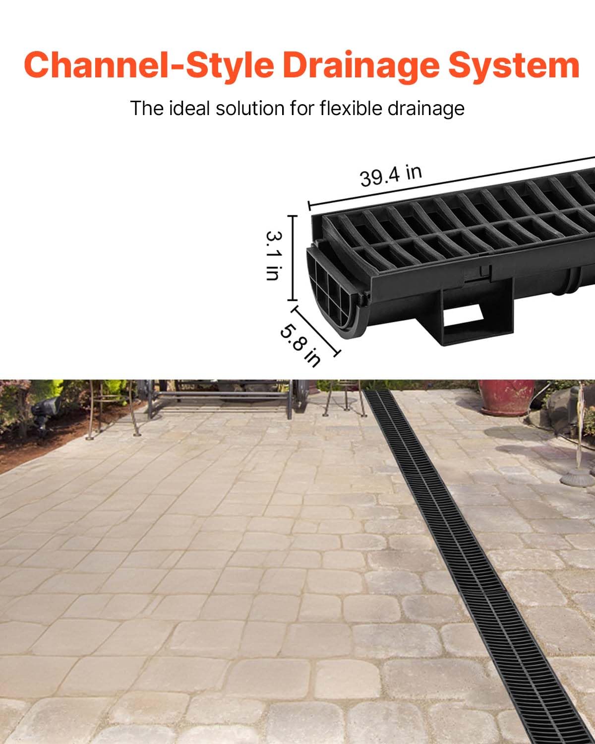 VEVOR Trench Drain System 6-Pack – HDPE Channel Drain with Grate (6 x 39 in)