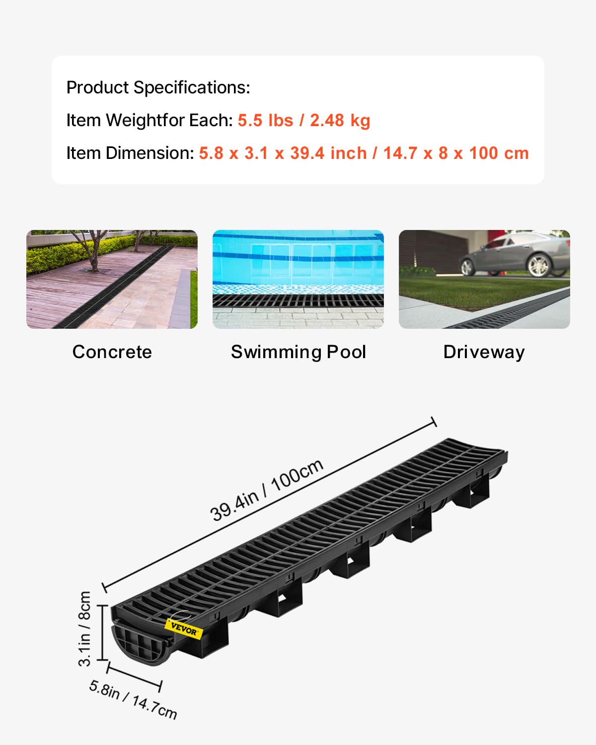 VEVOR Trench Drain System 6-Pack – HDPE Channel Drain with Grate (6 x 39 in)