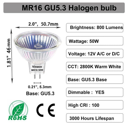 Vinaco MR16 50W Halogen Bulbs - 10 Pack, 800LM, 2800K Warm White, GU5.3 Dimmable
