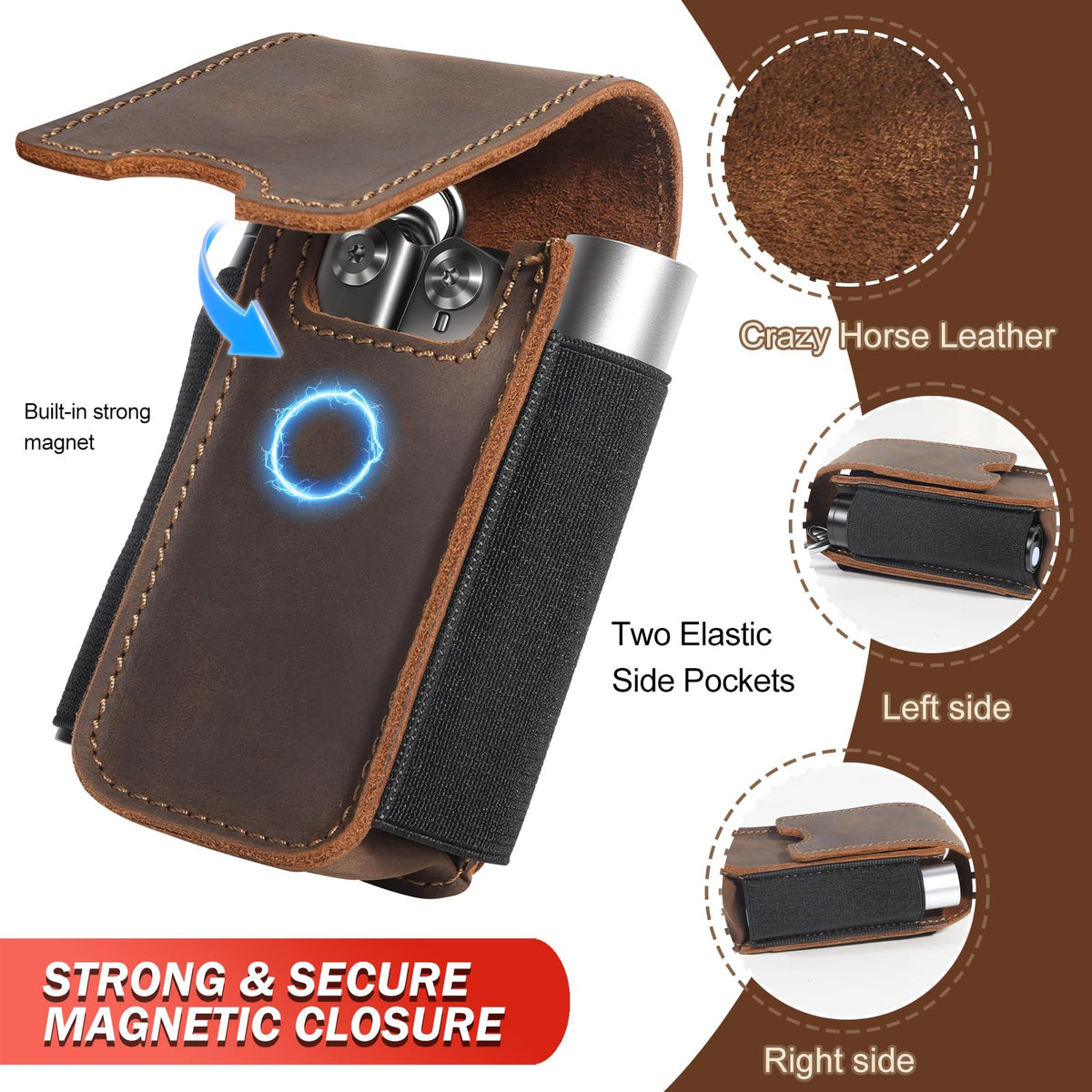 Vinanker Genuine Leather Multitool Pouch — Dual-Compartment EDC Belt Organizer for Leatherman (Dark Brown)
