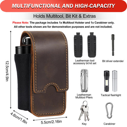 Vinanker Genuine Leather Multitool Pouch — Dual-Compartment EDC Belt Organizer for Leatherman (Dark Brown)