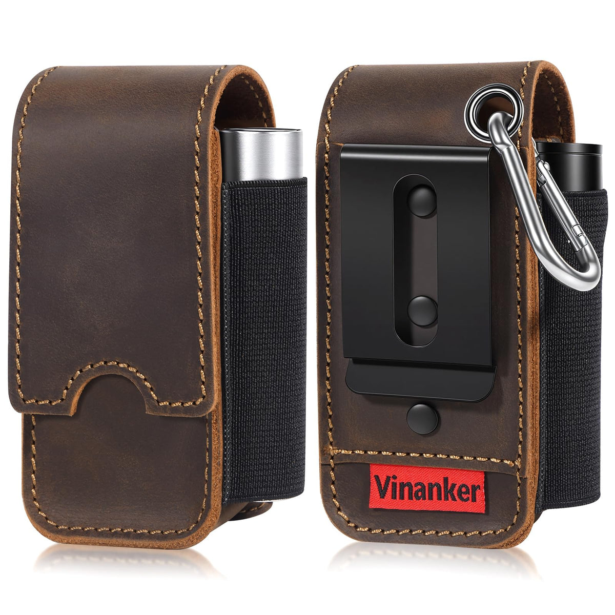 Vinanker Genuine Leather Multitool Pouch — Dual-Compartment EDC Belt Organizer for Leatherman (Dark Brown)