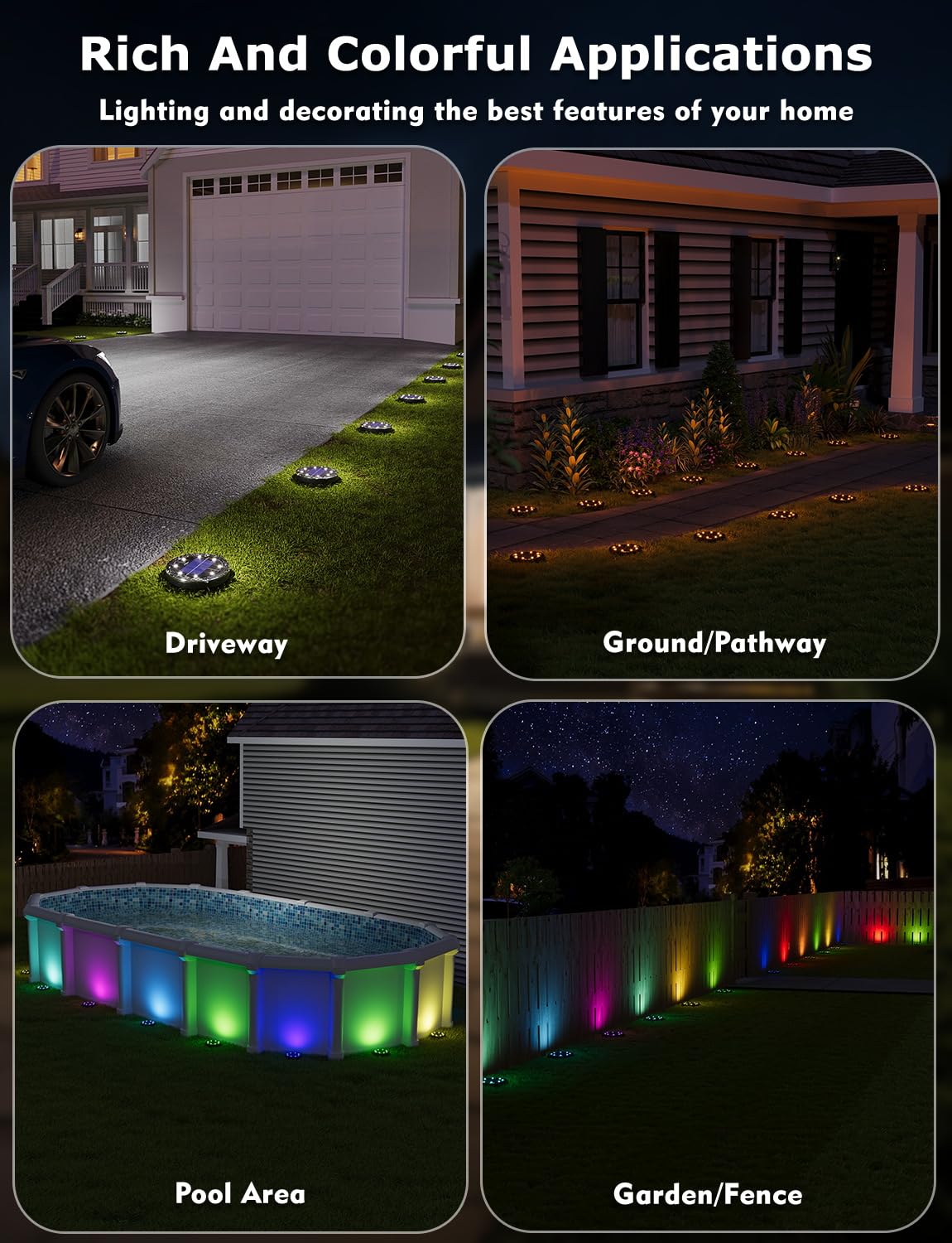 VIODAIM Color Changing Solar Ground Lights with 33ft Remote — Waterproof Pathway Lights, 10 Pack