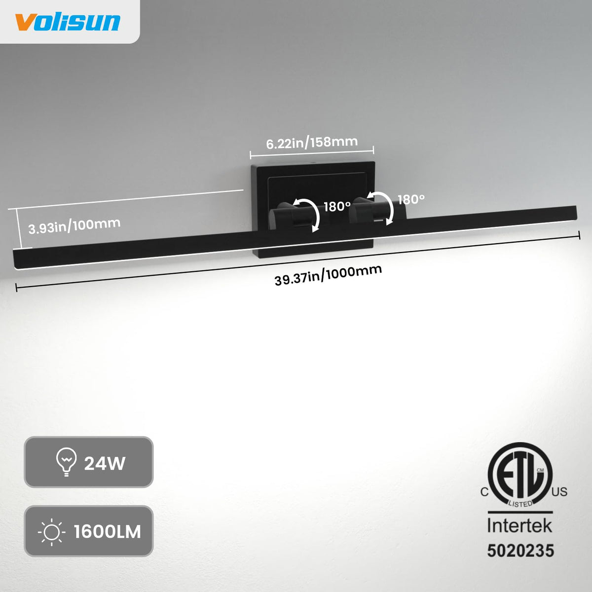 VOLISUN Modern 39.4-inch Vanity Light | 5CCT Dimmable 180° Rotatable, ETL, Black Bar