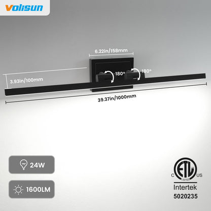 VOLISUN Modern 39.4-inch Vanity Light | 5CCT Dimmable 180° Rotatable, ETL, Black Bar