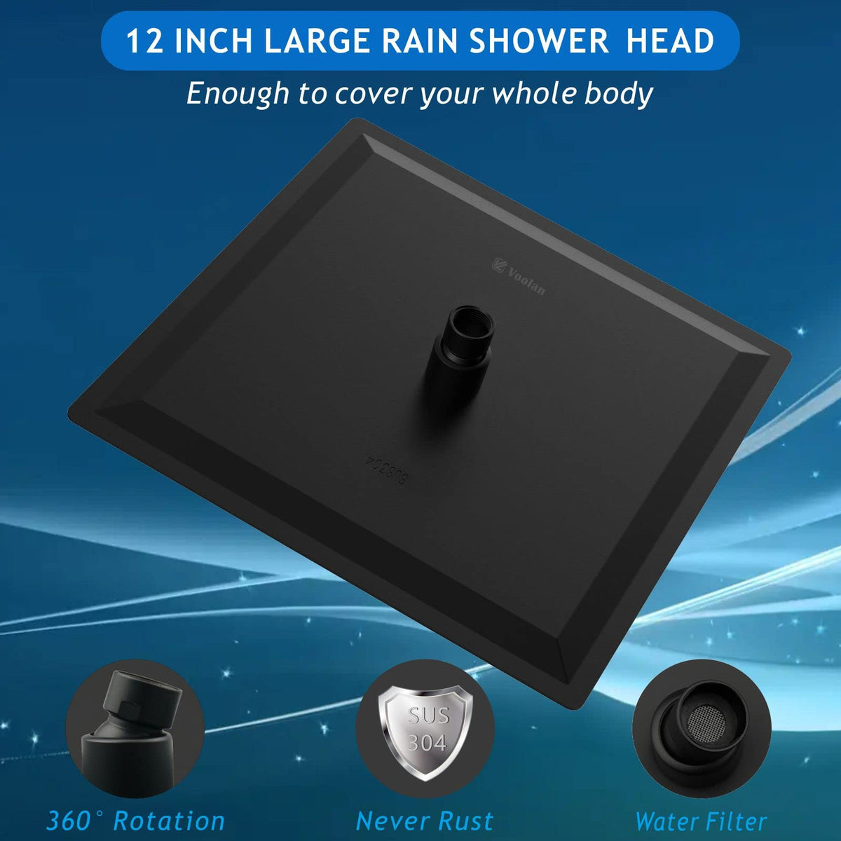 Voolan Rain Shower Head 12 Inch Black – High Flow Square Stainless Showerhead