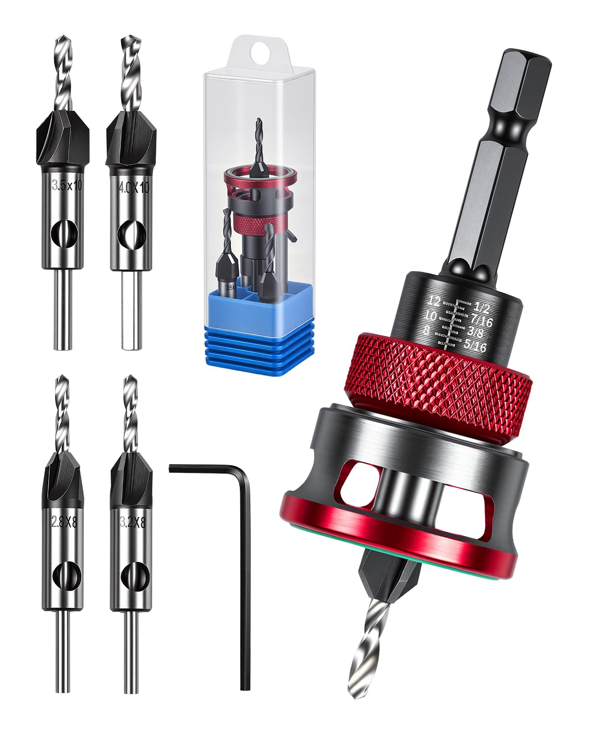 Vorhixa 7-Piece Countersink Set with Adjustable Depth Stop — 82° HSS M2 Tapered Bits