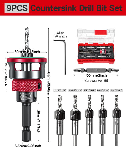 Vorhixa 9-Piece Countersink Drill Bits Set – 5 Two-Flute TCT Alloy Bits & Adjustable Depth Stop Collar