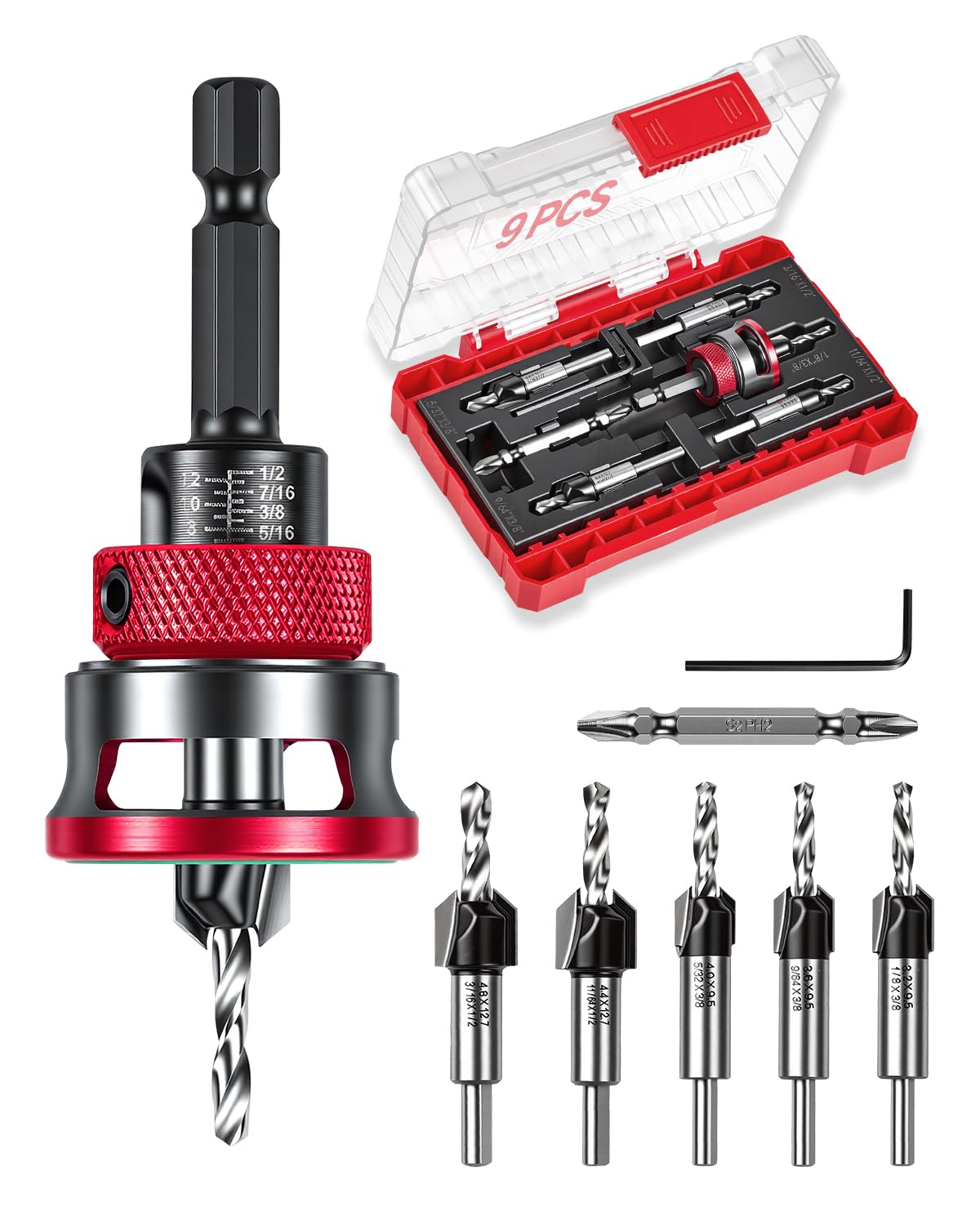 Vorhixa 9-Piece Countersink Drill Bits Set – 5 Two-Flute TCT Alloy Bits & Adjustable Depth Stop Collar