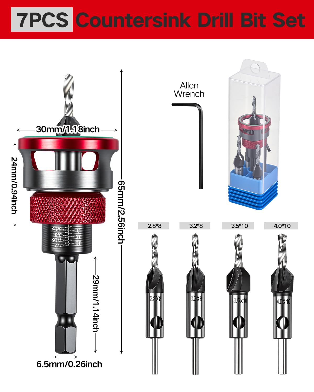 Vorhixa 7-Piece Countersink Set with Adjustable Depth Stop — 82° HSS M2 Tapered Bits