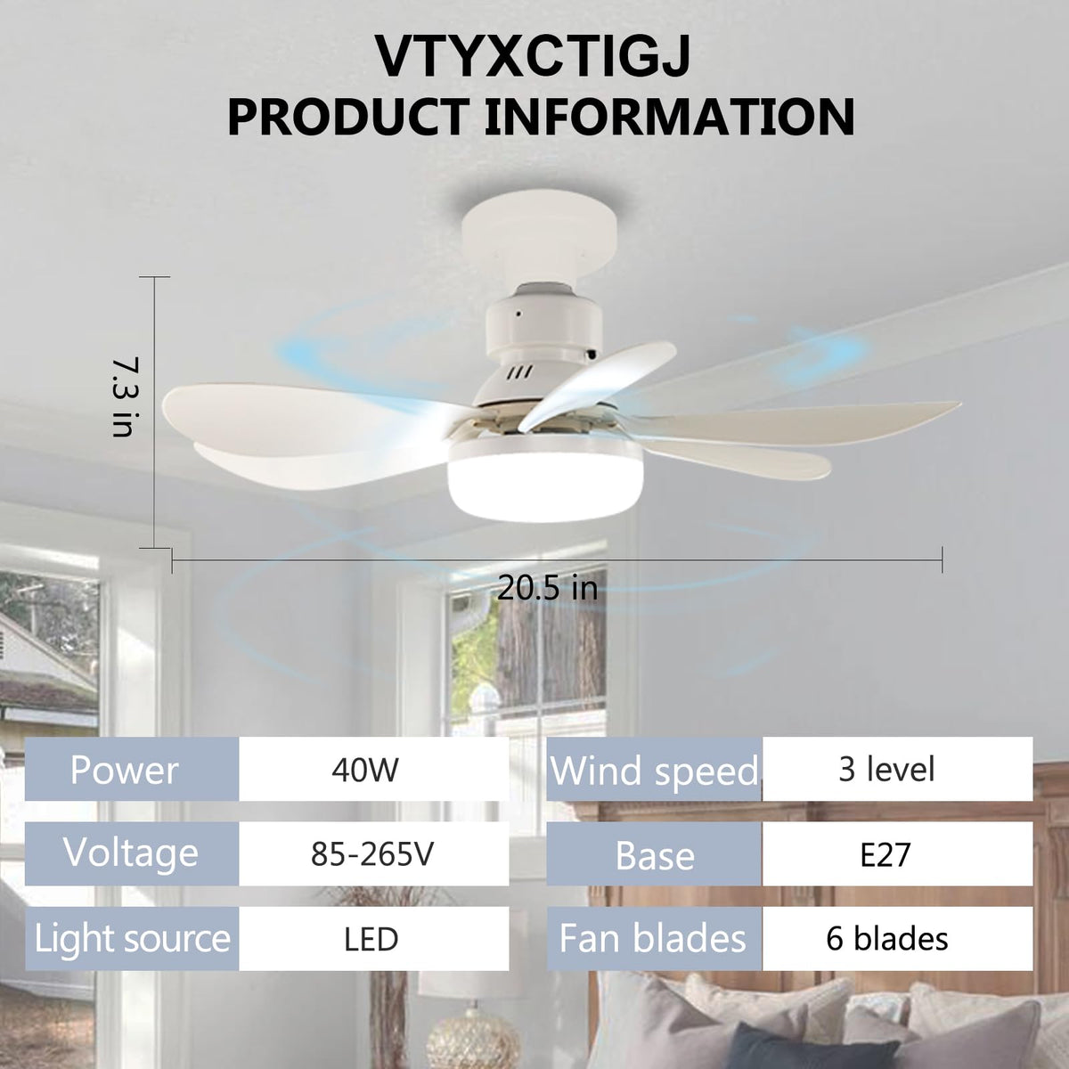 VTYXCTIGJ Socket Fan Light with Remote – 20.5" E26 Ceiling Fan with Dimmable LED Light (3000K-6500K)