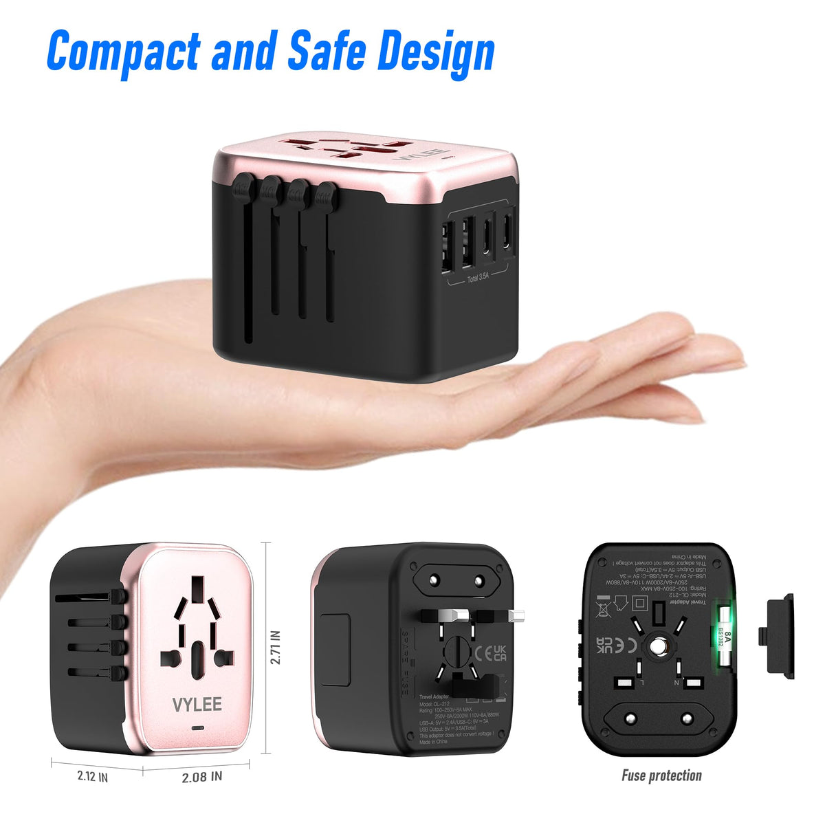 VYLEE Universal International Power Travel Plug Adapter 5-in-1 Rose Gold