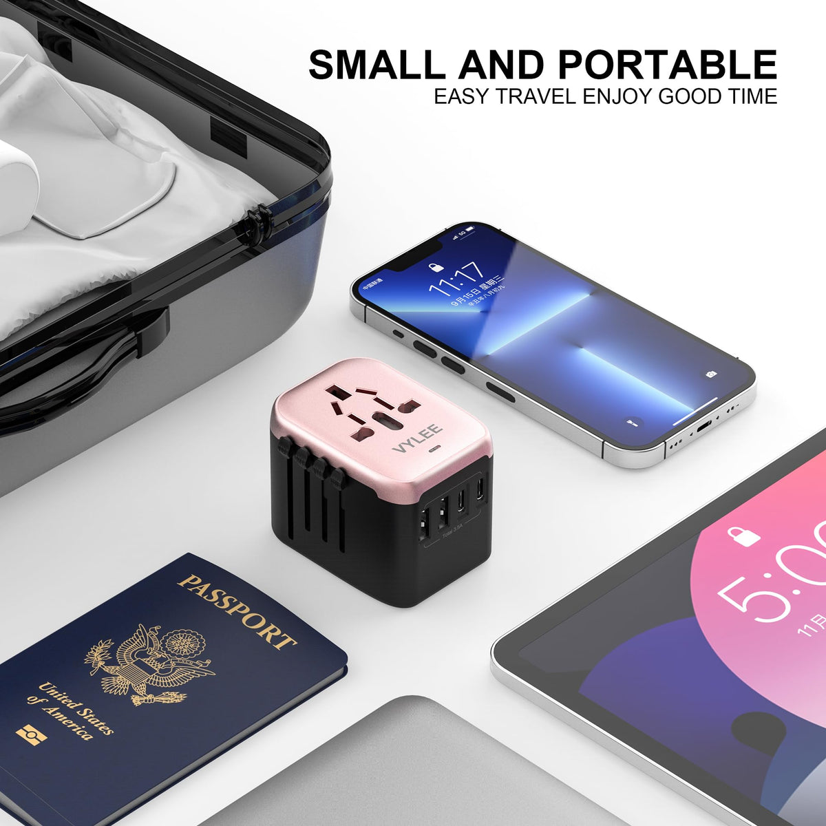 VYLEE Universal International Power Travel Plug Adapter 5-in-1 Rose Gold